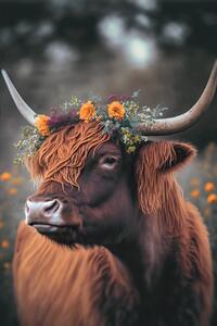 Fotografie de artă Highland Cow With Flowers, Treechild, (26.7 x 40 cm)