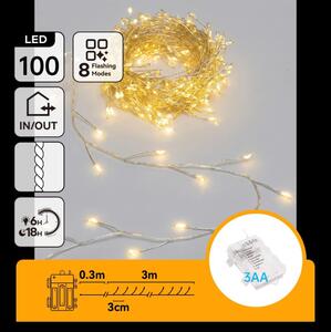 Aigostar - LED Ghirlandă de exterior pentru Crăciun 100xLED/8 funcții 3xAA 3,3m IP44 alb cald