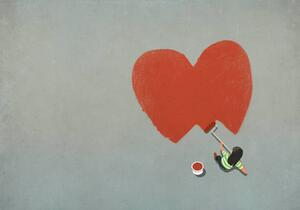 Fotografie de artă Woman painting red heart with paint roller, Malte Mueller, (40 x 26.7 cm)
