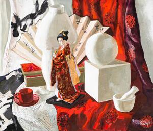 Ilustrare still life with Japanese doll, geometric shapes, VvoeVale, (40 x 35 cm)