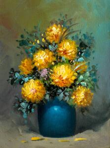 Ilustrare Chrysanthemum Bouquet in Blue Vase Oil Painting, Dan Totilca, (30 x 40 cm)