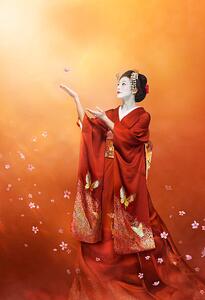 Poster de artă Geisha in long red kimono catching a cherry blosso, Coneyl Jay, (26.7 x 40 cm)