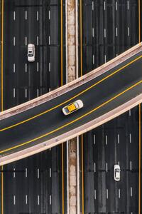 Fotografie de artă Taxi on an overpass crossing above, Abstract Aerial Art, (26.7 x 40 cm)