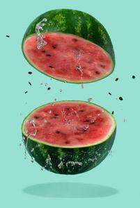Fotografie de artă Watermelon sliced flying on pastel green, Amax Photo, (26.7 x 40 cm)