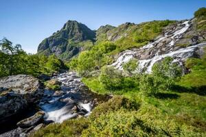 Fotografie de artă Lofoten waterfall on the hiking trail, imageBROKER/Mara Brandl, (40 x 26.7 cm)