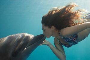 Fotografie de artă Young Woman Kisses Dolphin Underwater, Sunbeams, Justin Lewis, (40 x 26.7 cm)