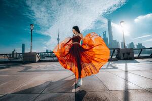 Fotografie de artă Beautiful young woman in red skirt, Yaorusheng, (40 x 26.7 cm)
