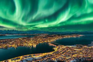 Fotografie Aurora Borealis dancing over Tromso Urban, Juan Maria Coy Vergara, (40 x 26.7 cm)