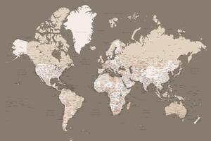 Harta Earth tones detailed world map with cities, Blursbyai, (40 x 26.7 cm)