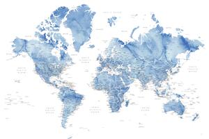 Harta Watercolor world map with cities in muted blue, Vance, Blursbyai, (40 x 26.7 cm)