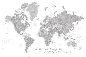 Harta We travel not to escape life, gray world map with cities, Blursbyai, (40 x 26.7 cm)