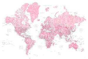 Harta Detailed pink watercolor world map, Damla, Blursbyai, (40 x 26.7 cm)