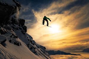 Fotografie Sunset Snowboarding, Jakob Sanne, (40 x 26.7 cm)