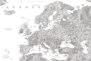 Harta Detailed map of Europe in gray watercolor, Blursbyai, (40 x 26.7 cm)