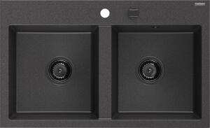 Mexen Hektor, chiuvetă granit cu 2 camere 800x480x205 mm, pete negre, sifon din grafit, 6521802000-76-B