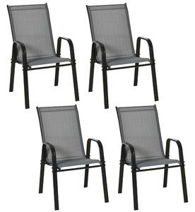 Outsunny Set de 4 Scaune de Grădină Stivuibile, Scaune de Exterior cu Cotiere din Metal și Țesătură Respirabilă, 54x75.5x95 cm, Gri