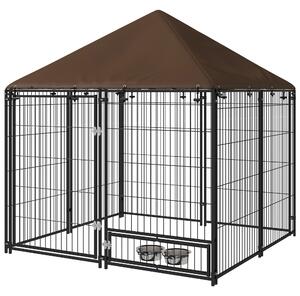 PawHut Gard pentru Câini din Metal cu Ușă pentru Boluri, Gard pentru Câini de Exterior cu Acoperiș, 141x141x151 cm, Negru și Maro
