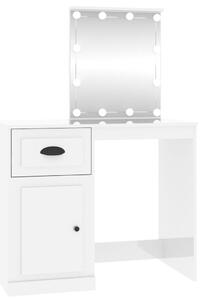 Masă de toaletă cu LED, alb extralucios, 90x50x132,5 cm, lemn