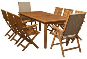 Set mobilier gradina, Mainz, 6 scaune pliabile cu brate, 2 scaune multipozitie lemn si textilena, dreptunghiulara, teak