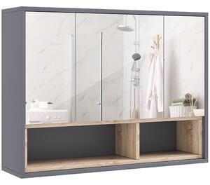 HOMCOM Oglindă de Baie cu 3 Uși și Dulap, Oglindă de Baie cu Compartiment de Depozitare, 80x20x60 cm, Gri | Aosom Romania