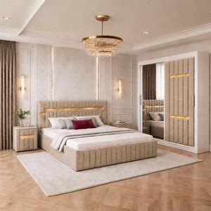 Set Mobila De Dormitor VELANTE Crem, pat tapitat 160x200cm, dulap 150cm, 2 noptiere si saltea 160x200cm