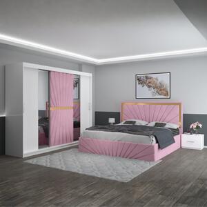 Set Mobila De Dormitor Nova Roz, pat tapitat 160x200cm, dulap 250cm, 2 noptiere si saltea 160x200cm