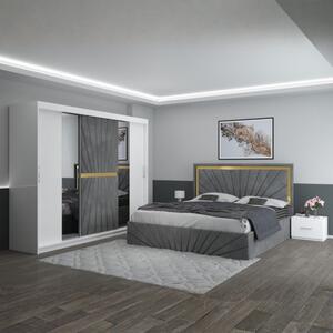 Set Mobila De Dormitor Nova Gri, pat tapitat 160x200cm, dulap 250cm, 2 noptiere si saltea 160x200cm