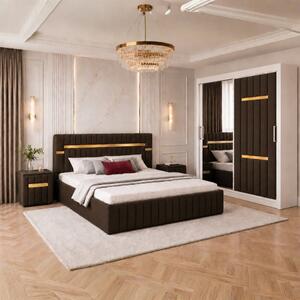 Set Mobila De Dormitor VELANTE Maro, pat tapitat 160x200cm, dulap 150cm, 2 noptiere si saltea 160x200cm