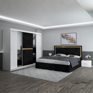Set Mobila De Dormitor Nova Negru, pat tapitat 160x200cm, dulap 250cm, 2 noptiere si saltea 160x200cm