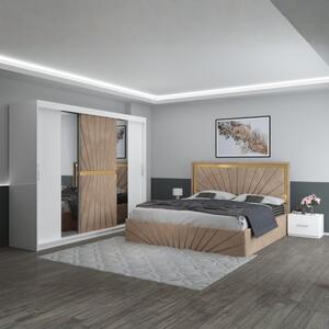 Set Mobila De Dormitor Nova Crem, pat tapitat 160x200cm, dulap 250cm, 2 noptiere si saltea 160x200cm