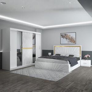 Set Mobila De Dormitor Nova Alb, pat tapitat 160x200cm, dulap 250cm, 2 noptiere si saltea 160x200cm