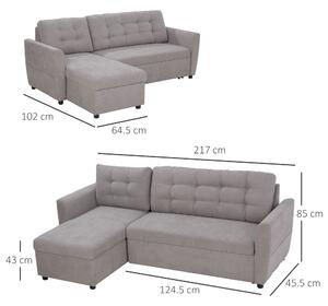 Canapea Extensibila pe Colt cu 3 Locuri si Compartiment de Depozitare, Tapiterie Efect In, Spatar cu perne 217x134x85cm, Gri HOMCOM | Aosom RO