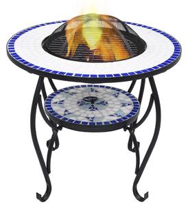 Masă cu vatră de foc, mozaic albastru și alb, 68 cm, ceramică