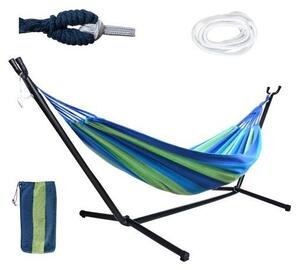 Hamac dublu cu suport metalic, multicolor, 200x150 cm, greutate maxima 200 kg, husa depozitare inclusa