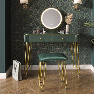 SEV203 - Set Masa toaleta, 100 cm, cosmetica machiaj, oglinda cu LED, scaunel taburet tapitat - Verde Inchis Lucios-Auriu