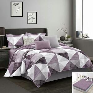 Lenjerie de pat, 2 persoane, bumbac satinat, 4 piese, cu elastic, alb gri mov negru, cu forme geometrice, LS445