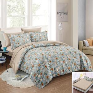 Lenjerie de pat, 2 persoane, bumbac satinat, 4 piese, cu elastic, maro si albastru, cu floricele, LS439
