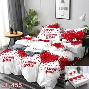 Lenjerie de pat, 2 persoane, 4 piese cu elastic, finet, alb cu inimi rosii i love you, 180x200cm, LF455