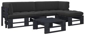 Set mobilier paleți cu perne, 4 piese, negru, lemn pin tratat