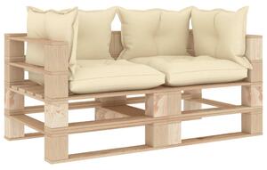 Canapea de grădină din paleți cu 2 locuri, perne crem, lemn