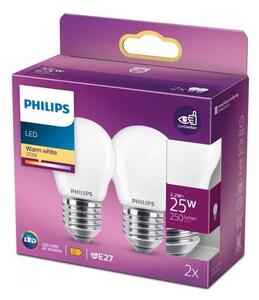 Set de 2 becuri LED Philips P45, soclu E27, 2,2W/230V, 2700K