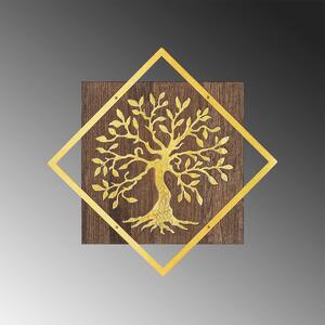 Decoratiune perete TREE V2, nuc/auriu, lemn/metal, 54x54 cm