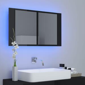 Dulap baie cu oglindă & LED negru extralucios 80x12x45 cm acril