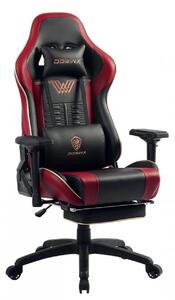 DOWINX Scaun gaming, ergonomic, pernă lombară cu masaj, suport pentru picioare, piele PU matlasata, respirabila, cotiere 4D, rezistent 150 kg, Negru/Rosu