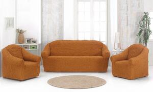Set huse elastice si creponate pentru canapea 3 locuri si 2 fotolii, fara volanas, culoare Mustar Inchis