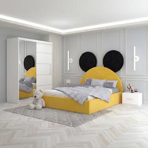 Set Mobila De Dormitor Micky Galben Negru, pat tapitat 90x200cm, dulap 150cm, 2 noptiere si saltea 90x200cm
