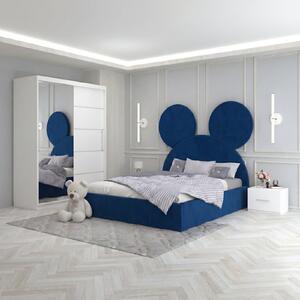 Set Mobila De Dormitor Micky2 Albastru, pat tapitat 90x200cm, dulap 150cm, 2 noptiere si saltea 90x200cm