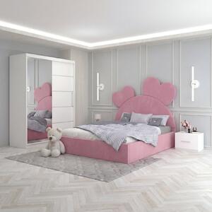 Set Mobila De Dormitor Love Roz, pat tapitat 90x200cm, dulap 150cm, 2 noptiere si saltea 90x200cm