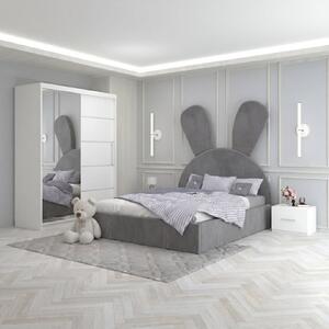 Set Mobila De Dormitor Rila Gri, pat tapitat 90x200cm, dulap 150cm, 2 noptiere si saltea 90x200cm