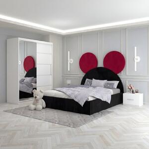 Set Mobila De Dormitor Micky Negru Rosu, pat tapitat 90x200cm, dulap 150cm, 2 noptiere si saltea 90x200cm